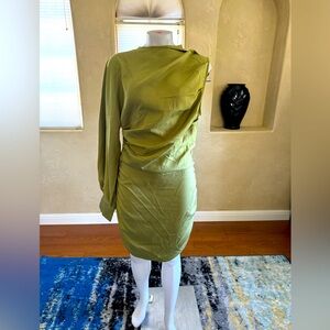 PrettyLitttleThing Sage Green Ruched One Sleeve Bodycon Dress Sz 10